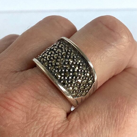 Sterling Silver 925 Marcasite 14MM Wide Band Statement Ring Size 7.5 - Picture 3 of 16